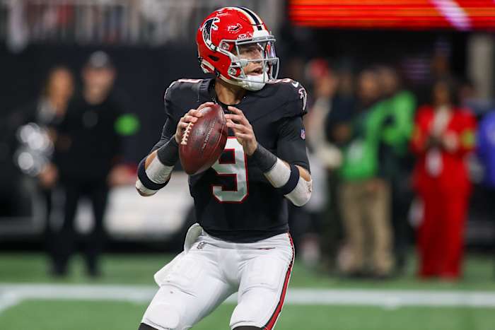 Nov 26, 2023; Atlanta, Georgia, USA; Atlanta Falcons quarterback Desmond Ridder (9) drops back to pass against the New Orleans Saints in the second half at Mercedes-Benz Stadium.